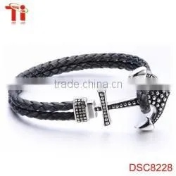 anchor bracelet genuine leather bracelet x power bracelet with black zircon stone