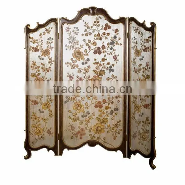 Traditional Double-Sided Painted Wooden Floor Screen, Retro Furniture Gilt 4 Panel Folding Screen With Decorative Glass