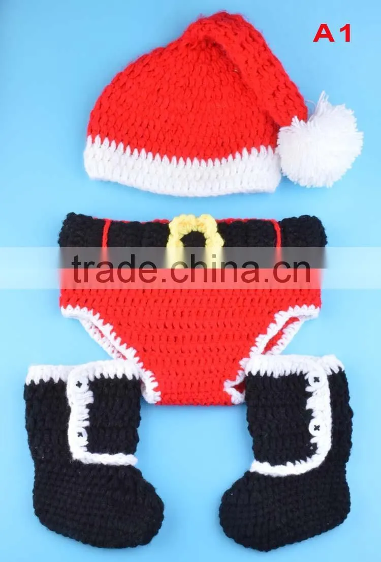 Crochet Christmas Costume Hat&Diaper/Pants Set Newborn Baby Photo Props Toddler Santa Photography Props