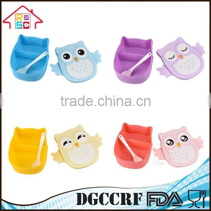 NBRSC Wholesale Portable Kids Cute Owl Lunch Box Food Storage Container Plastic Bento Box with Spoon