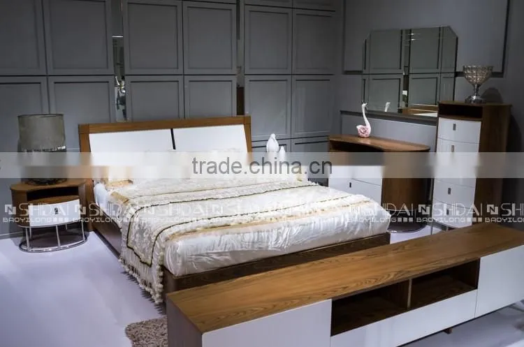 2016 NEW Walnut Color White Headboard Wood Double Bed Designs With Box Storage B-825L