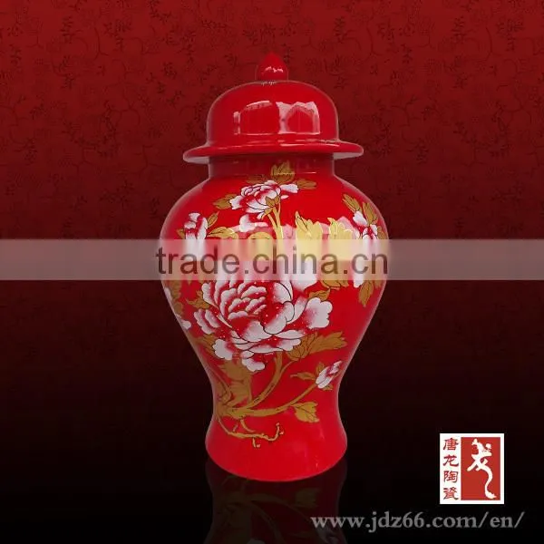 Red glazed high quality handpainted ceramic pickle jar chinese made for home decoration
