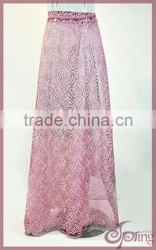 Pink roset embroidery lace fabric, silver metallic mesh lace embroidery