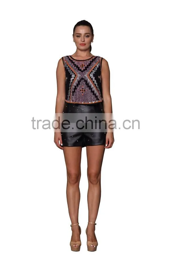 2014 New Design Sleeveless Ladies Embellished Tops