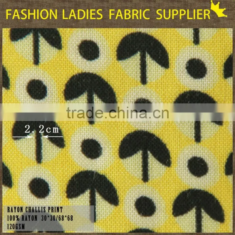 shaoxing textile high quality fashion print design for girls' dress,blouse,skirts,summer pants 100% rayon printed challis fabric