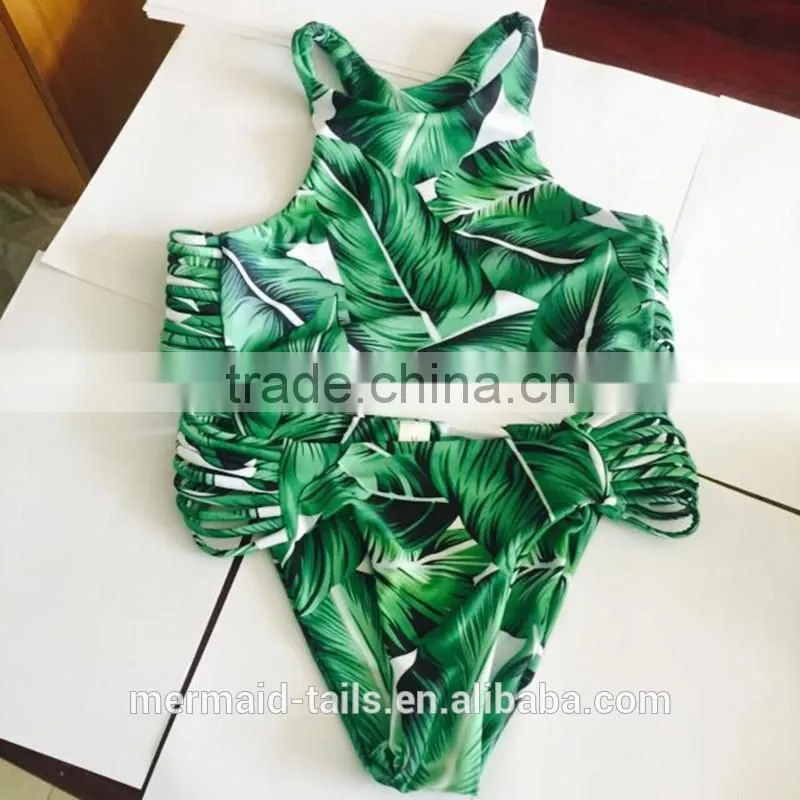 Girls beach bikini green leaves printing pattern swimsuit bikini