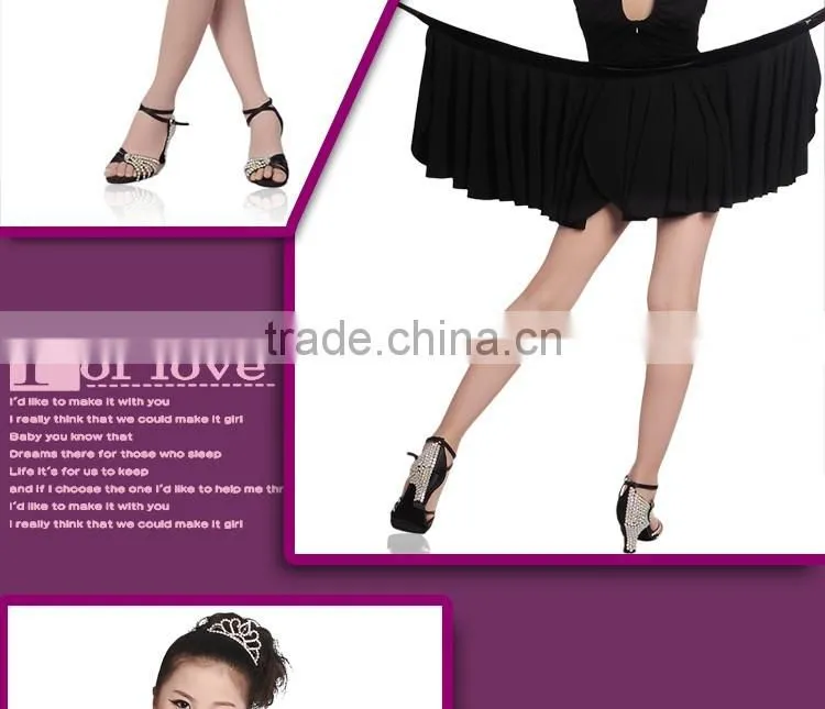 Girl Child Elegant Black Dance Skirt Suit Kids Mesh High Neck Sleeveless Latin Dance Leotard