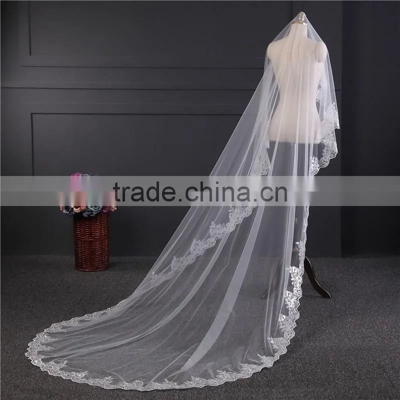 2017 wholesale new grance long lace bridal wedding veil Fashionable long Tulle HL23