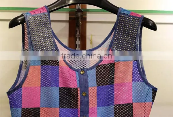 Women's sleeveless collarless tops with colorful squares