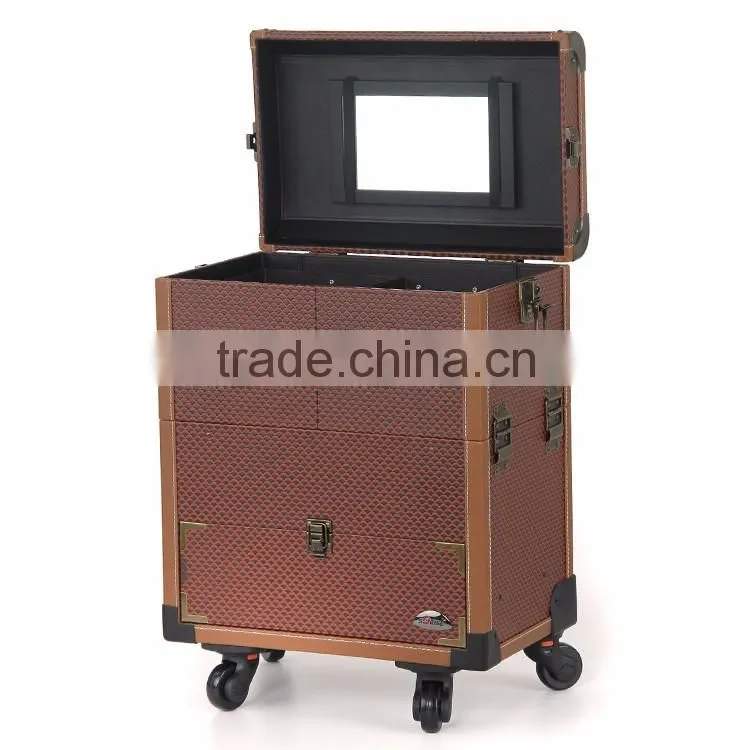 Hot selling professional cosmetic rolling PVC trolley case 360 degree makeup case with wheels