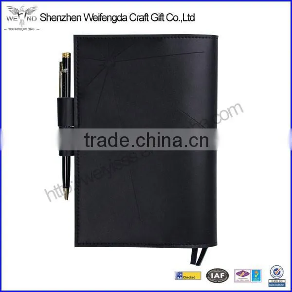 Black fashionable a5 refillable genuine leather notebook with pen attached