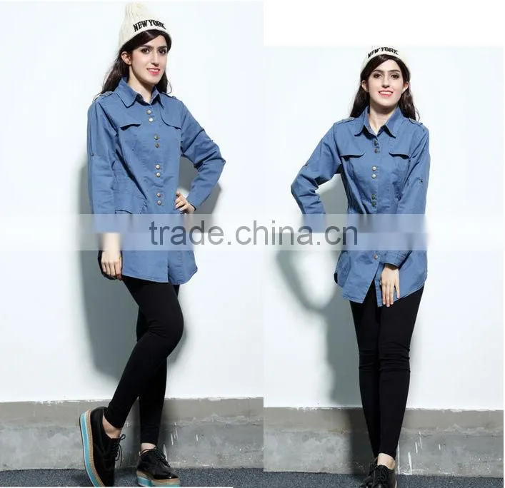 Denim Jacket 2014 New Women Coat Female Long European Full Regular Sleeves Slim metal buttons jean jackets Solid WholeSale