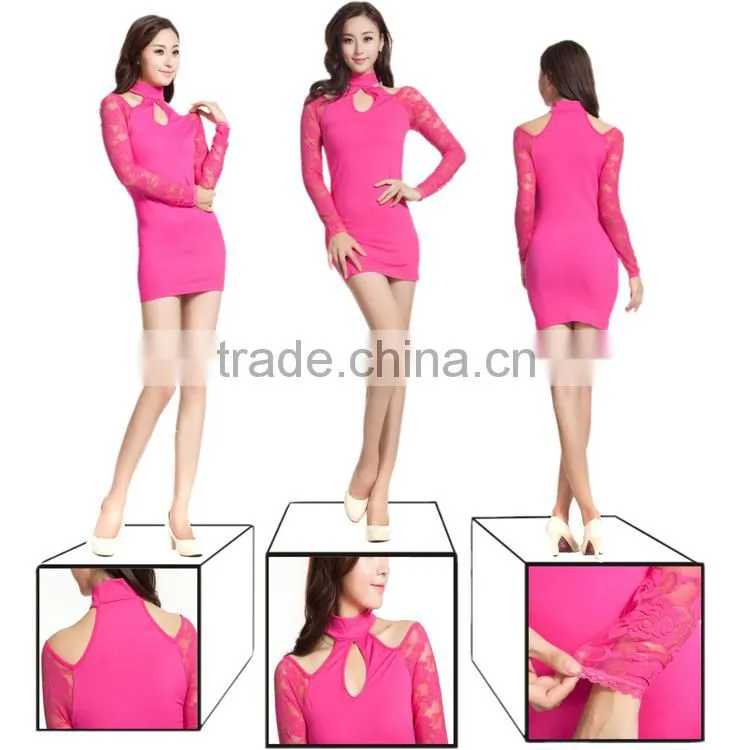 Latest Factory Design Hot Sexy Women Short Wedding Dresses Lace Long Sleeve Crossed Neck Dress