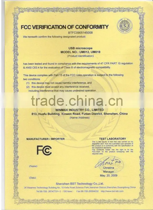 Hot CE RoHs FCC certified battery powered usb portable digital microscope supplier in China