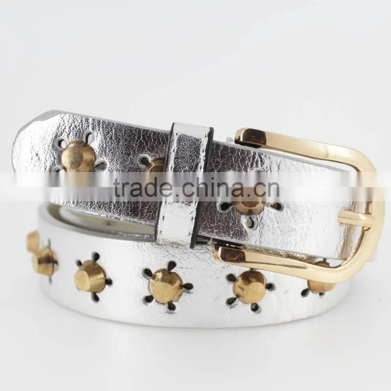 fashion metal studded women jeans belt with shiny PU leather for jeans in yiwu