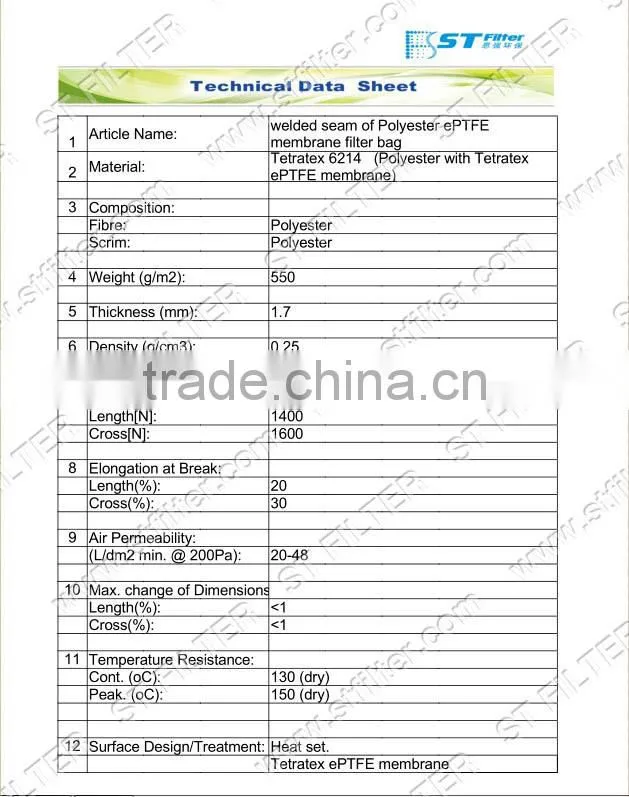 welded seam polyester e ptfe membrane filter bag