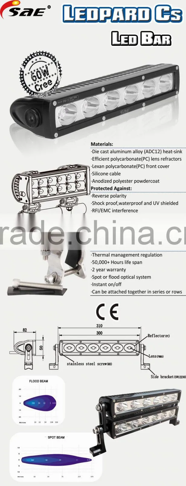 Factory direct 60W Power single row off road trucks jeep suv led light bar