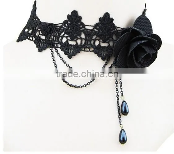 Women 2016 Gothic Handmade Chain Black Flower Lace Choker Collar Chunky Necklace