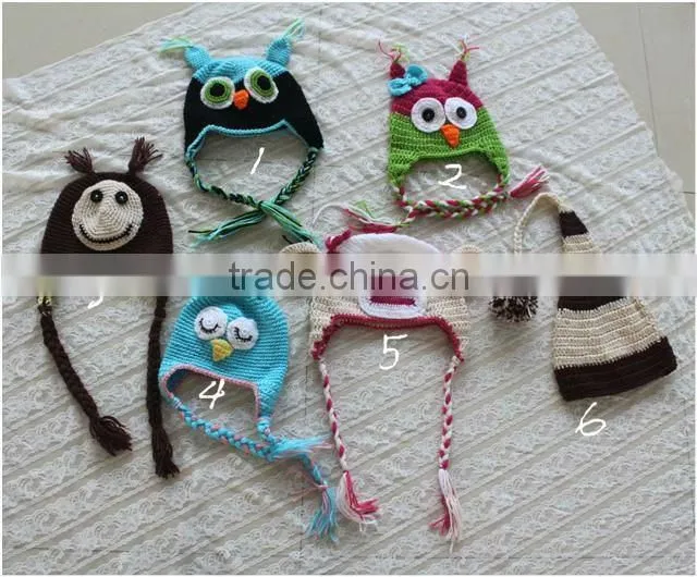 2016 Fashionable Wholesale crochet handmade Owl Hat, dinosaur colorful lovely knitted owl hat for baby