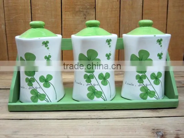 Wheat and Dasiy Decal Ceramic Tea Coffee Sugar canister Set with Wooden Stand