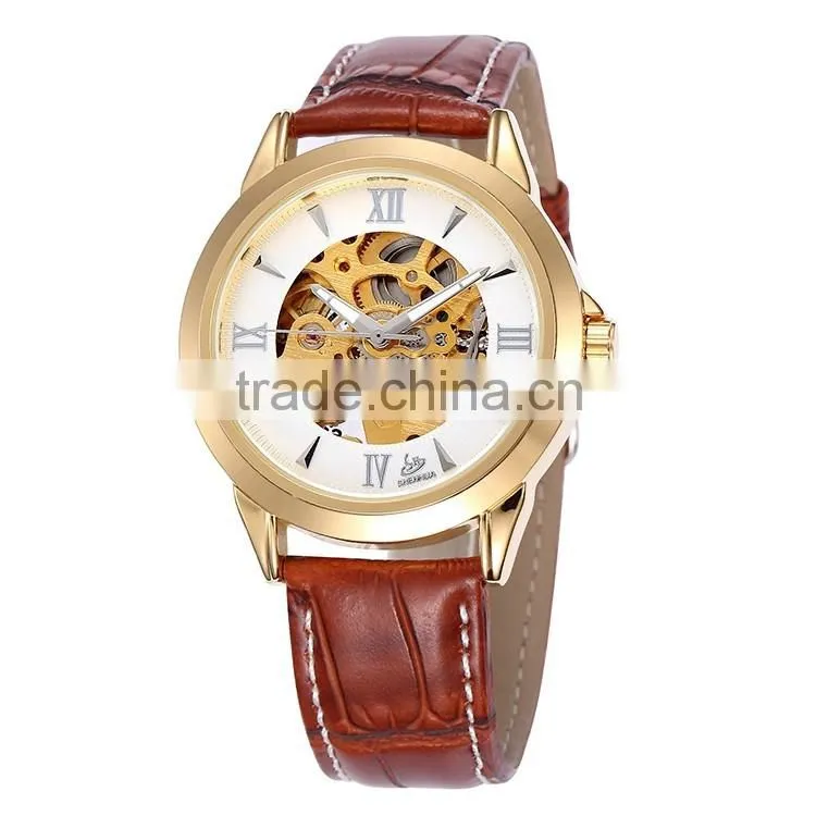 oem genuine leather men's teenage fashion skeleton automatic mechanical watch waterproof