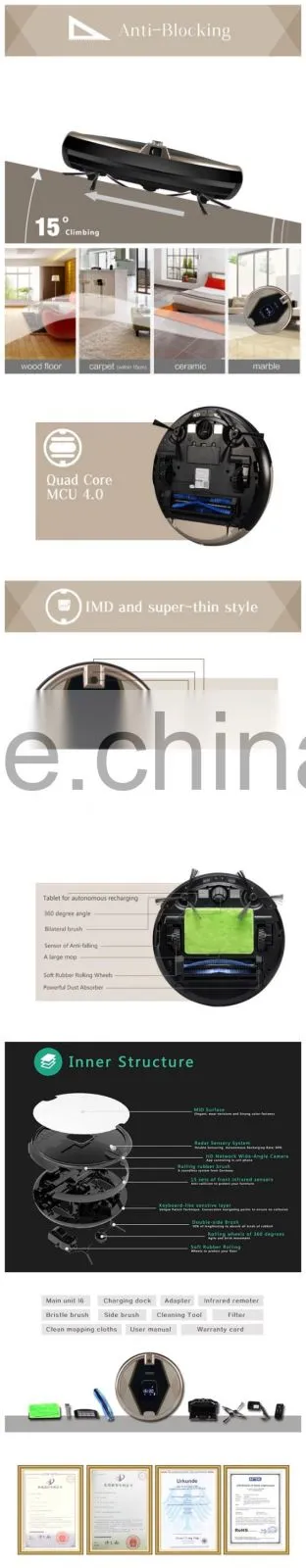 24w 14.8V 2.6Ah Li-ion Battery Golden Smart Robot Cleaner Vacuum Cleaner Robot with Wifi APP Remote Control and Camera
