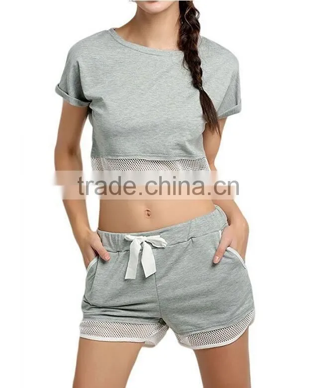 Women's Cheap Fashion Casual American Style Clothing Mesh Trim 2 Piece Set Crop Tops + Pocket Shorts Outfit Suit