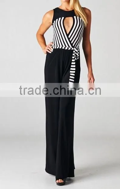 2014 new women block color BLACK WHITE tie Long plus size wide leg soft elegant women stripe evening jumpsuit OEM cheap bulk