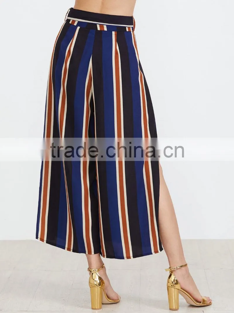 Vertical striped slit side wide leg with belt fashion pants for women