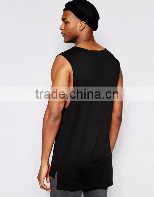 Men summer 100% cotton jersey longline sleeveless plain black t-shirt tank tops OEM custom