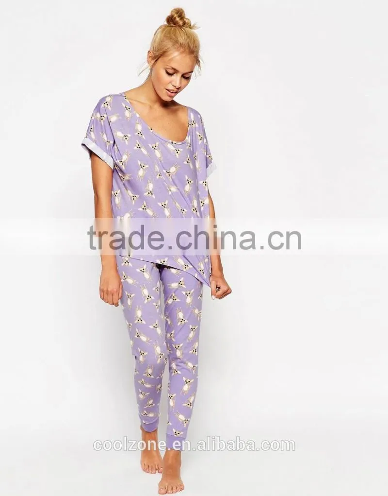 100% Cotton soft touch jersey pajama set women print pajama