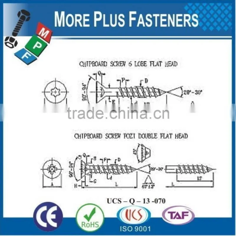Made in Taiwan Chipboard Screw Particle Board Screw Gympsum Board Screw Pozi Drive Countersunk Head Six Lobe Recess Torx Drive
