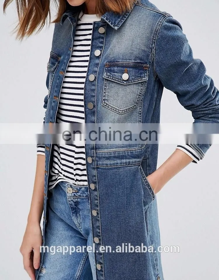 Stretch denim fabric women blue long jean jacket wholesale