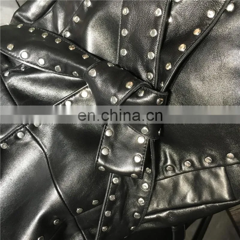 Women Fashion Long Black Rivet Real Leather Coat Leather Trench Coat