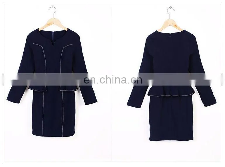 Ladies high quality navy dress above knee, peplum waist dress for fall