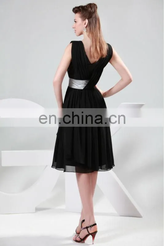 2015 Grace Karin V-Neck Sleeveless Chiffon Knee Length Black Evening Party Dresses CL4361