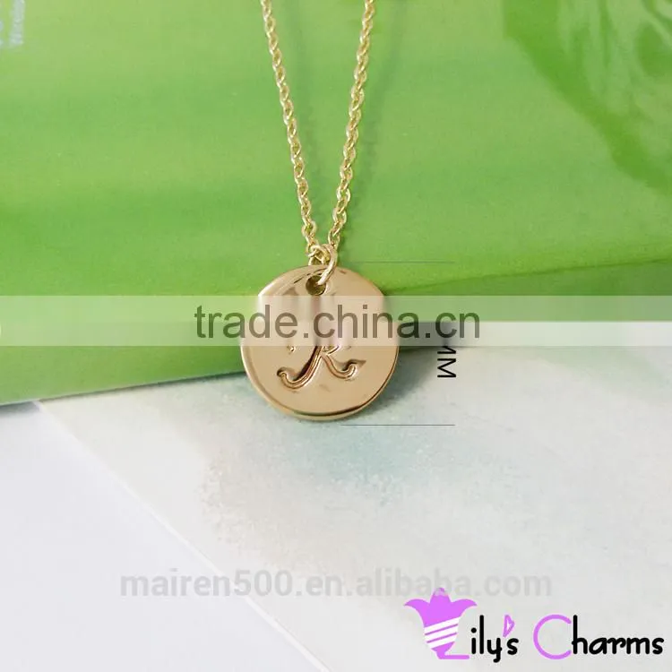 2015 New fashion Polished Silver Gold Disc initial Pendant Necklace