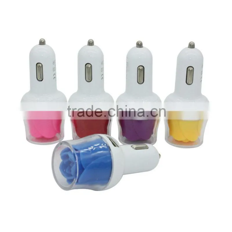 Rapid Auto Vehicle Micro USB Car Charger Adaptor For Cell Phone with LED rose flower