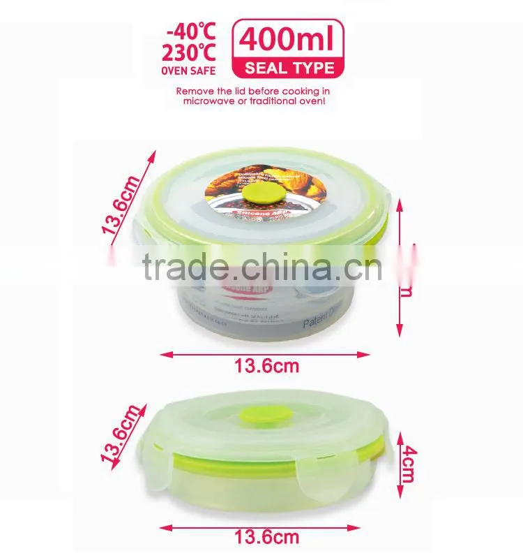 400ml Foldable Airtight Silicone food container with PP lid , Platinum silicone, BPA FREE, FDA, LFGB, DGCCRF