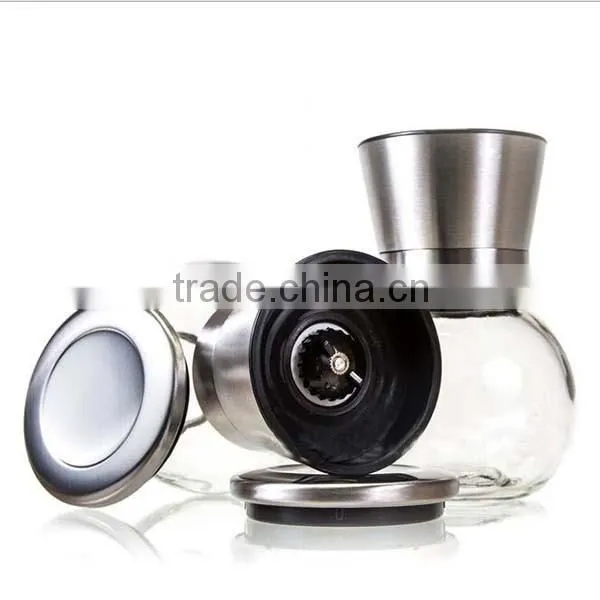 Unique design Brushed stainless steel and glass salt and pepper grinder set Large Capacity Round Glass Body