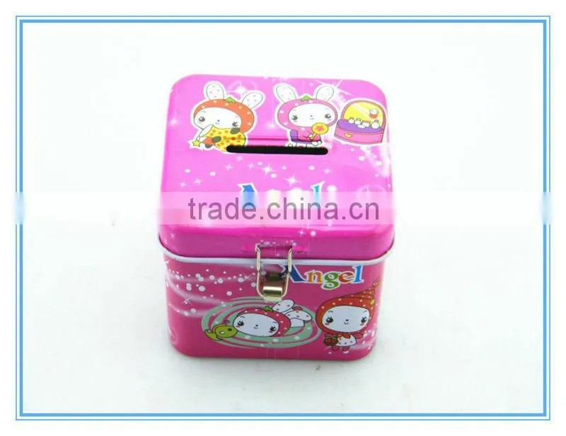 Cute square tin money box with lock and key for kids
