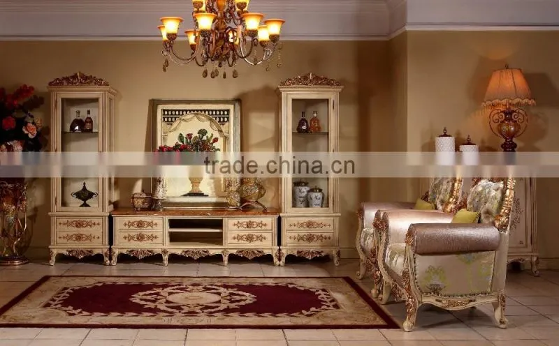 Royal Place Gold Leaf Finished Full Solid Wood Carving Bed, Arabic Golden Style Bedroom Furniture(MOQ=1 SET)