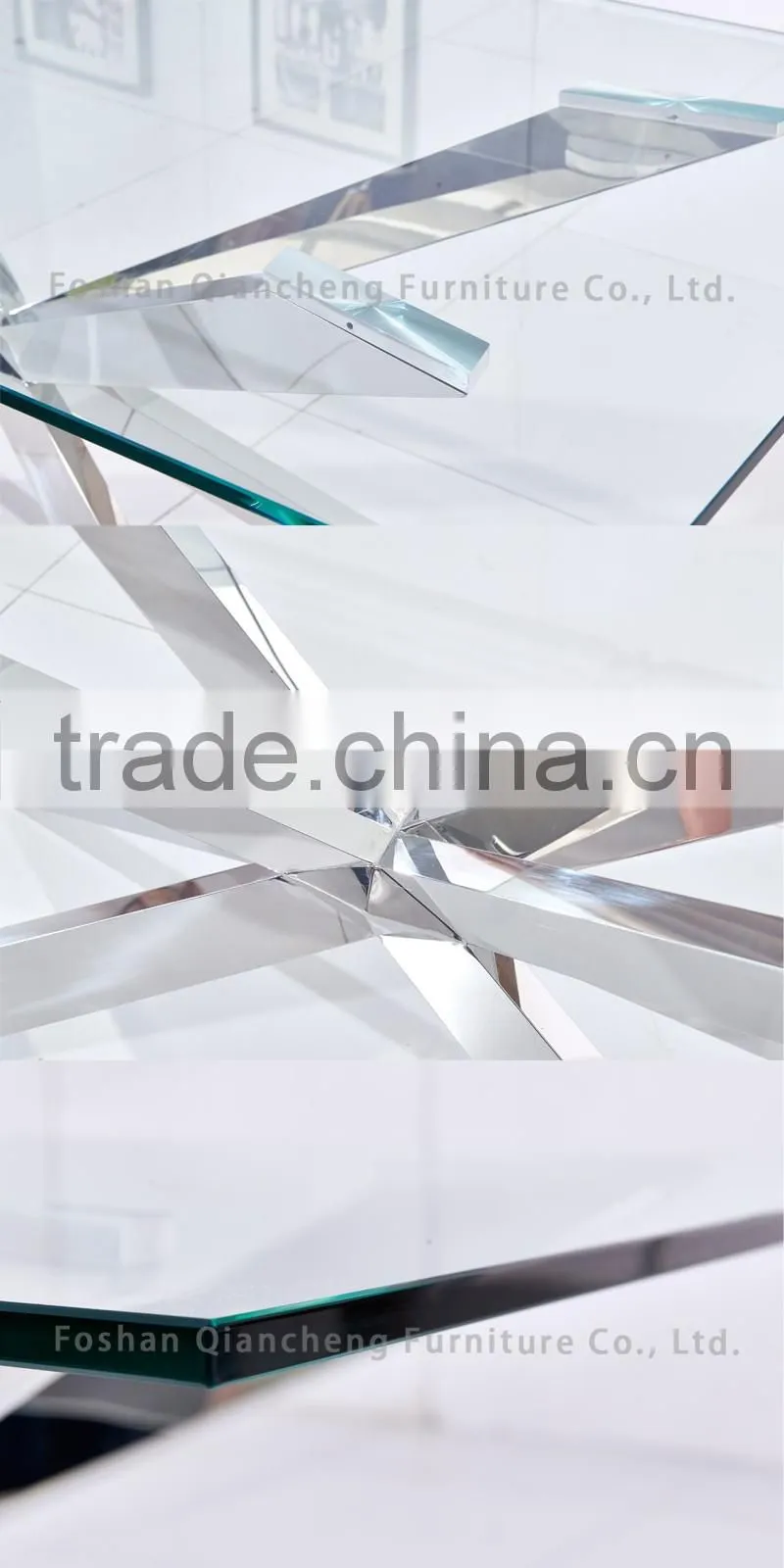 modern clear glass top dining table with stainless steel frame and base