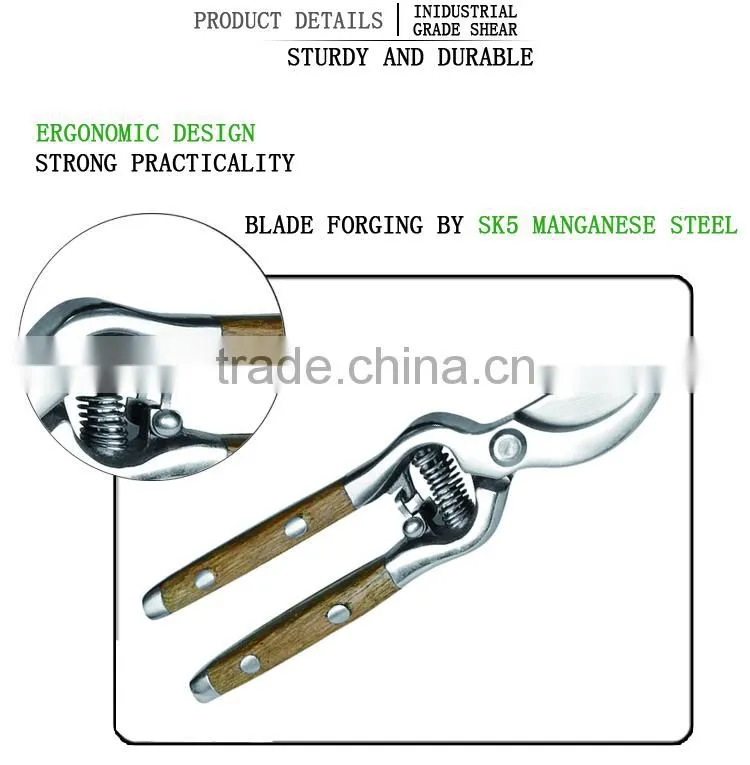 High Quality Polished Stainless Steel Garden Pruning Scissors With wood Grip Handle