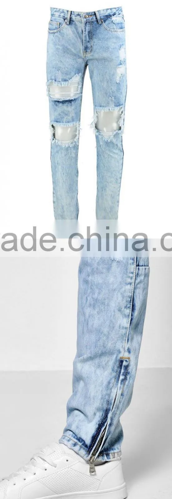 Lastest men's broken holes denim jeans skinny men ripped ankle zipped jeans trousers