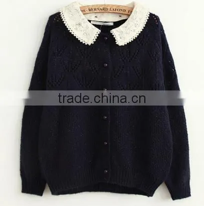 2014 hot sell wholesale high quality hollow cotton long sleeve cute collar cardigan