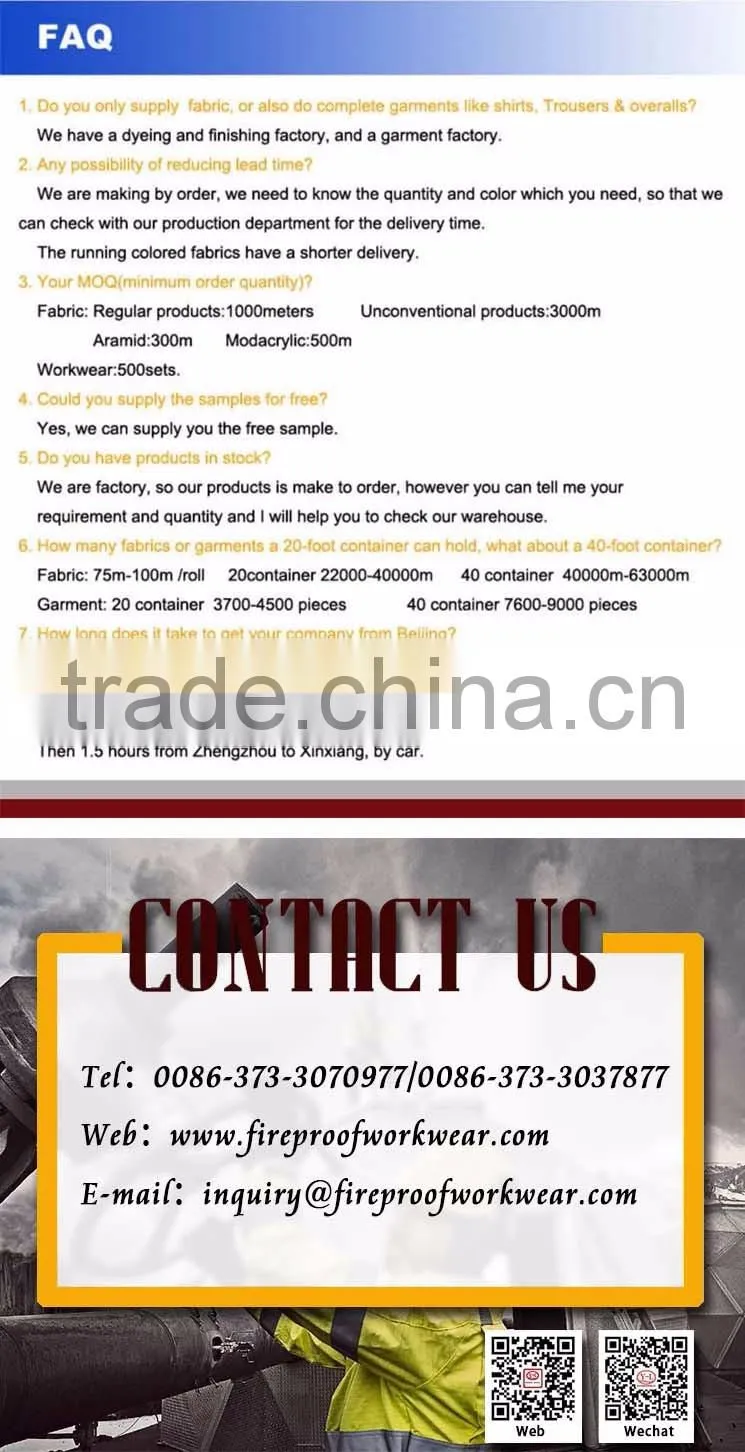 OEM 100% cotton safety protective firefighting antistatic water oil repellent fire resistant workwear