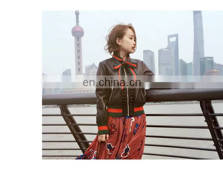 Custom Lady Real Leather Jacket With Ribbon Ribbon Leather Jacket Motorcycle