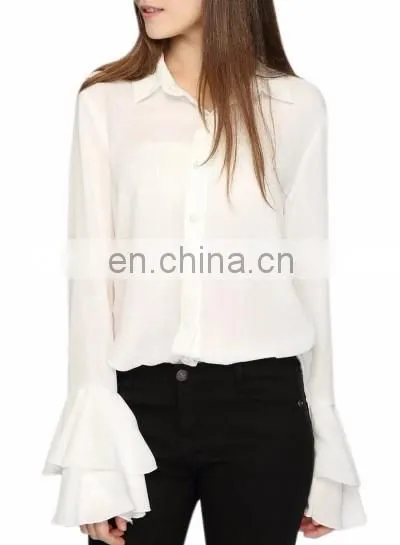 Latest fashion women chiffon blouse deisgn flare sleeve
