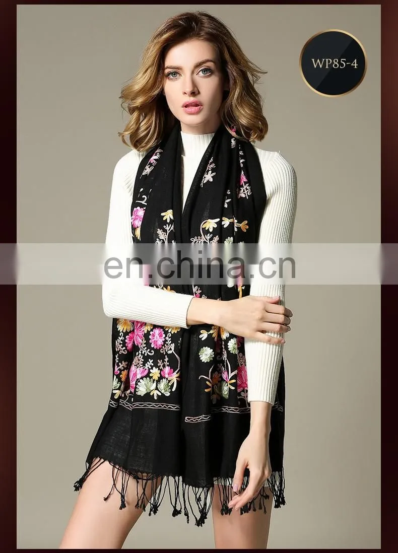 Black Embroidered Wool Scarf for Women black